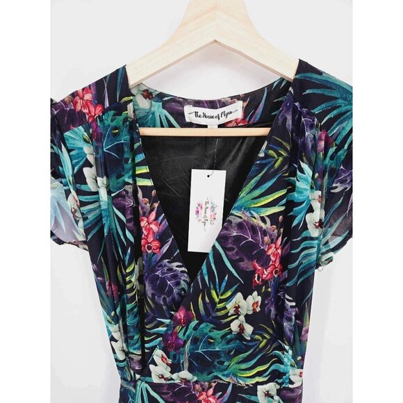 Black Fable Maxi Wrap Tropical Black & Green Dress Size Medium New - Picture 4 of 6